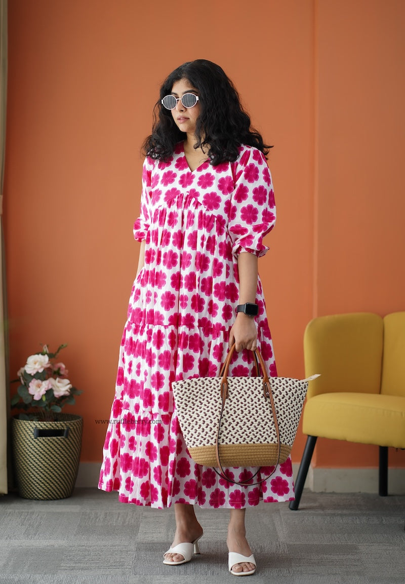 iris pink floral cotton tier dress