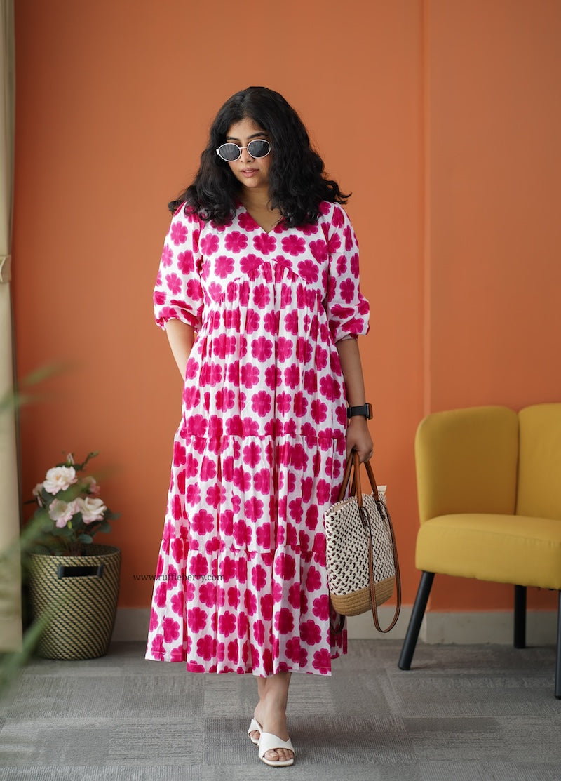 iris pink floral cotton tier dress
