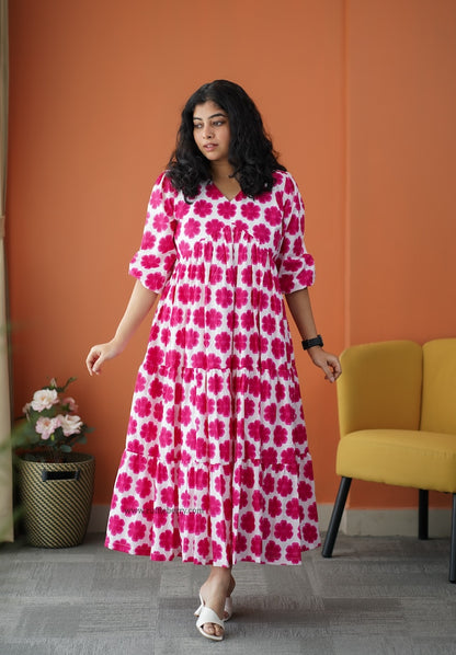 Iris Pink Floral Cotton Tier dress