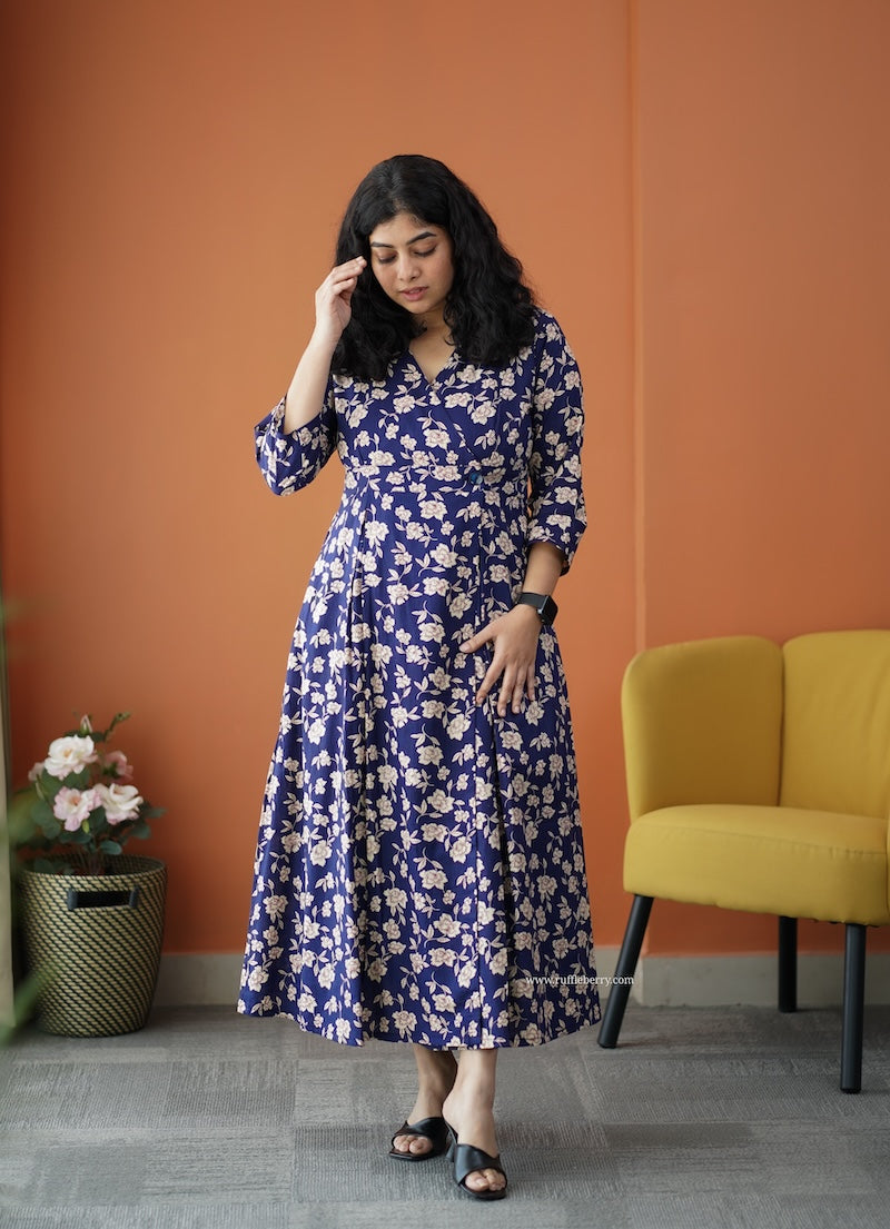 iris deep blue cotton button wrap dress