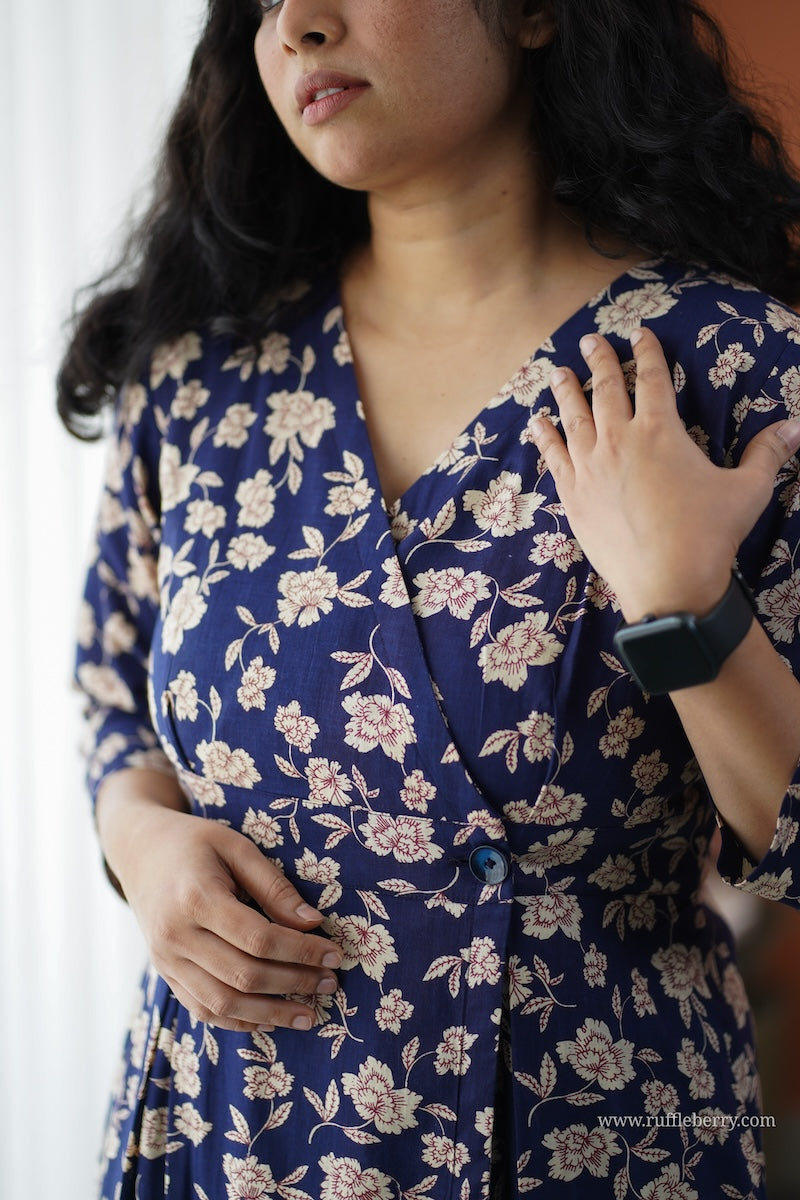 iris deep blue cotton button wrap dress