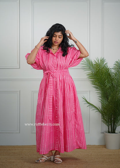 J-POP Pink Pleated Cotton Shirt Dress
