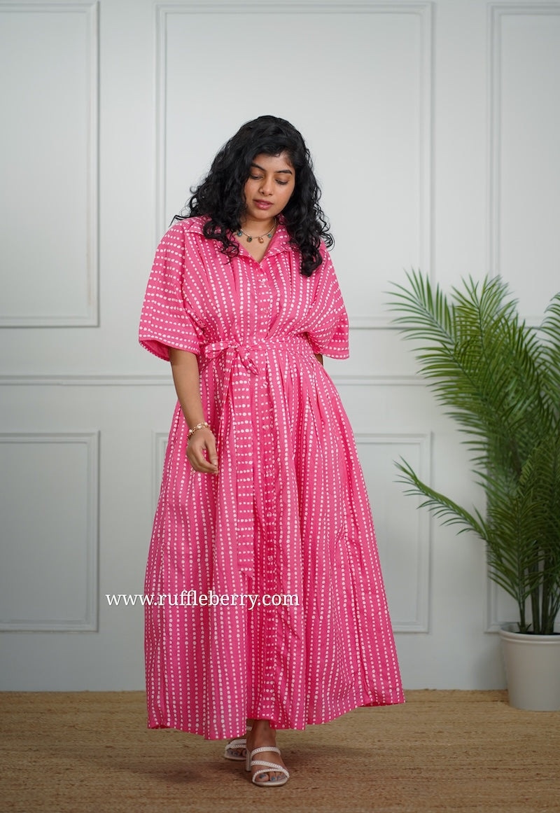 j-pop pink pleated cotton shirt dress