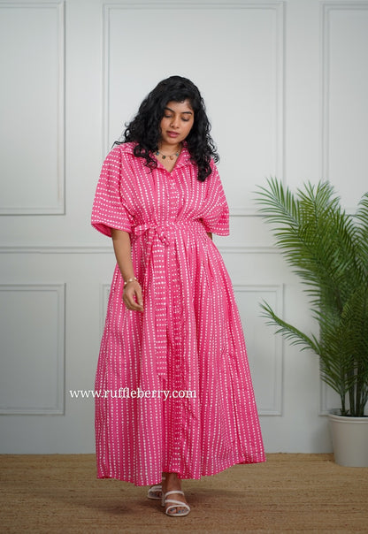 J-POP Pink Pleated Cotton Shirt Dress