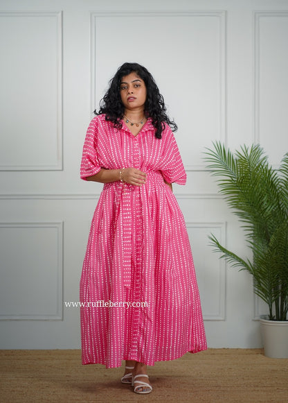 J-POP Pink Pleated Cotton Shirt Dress