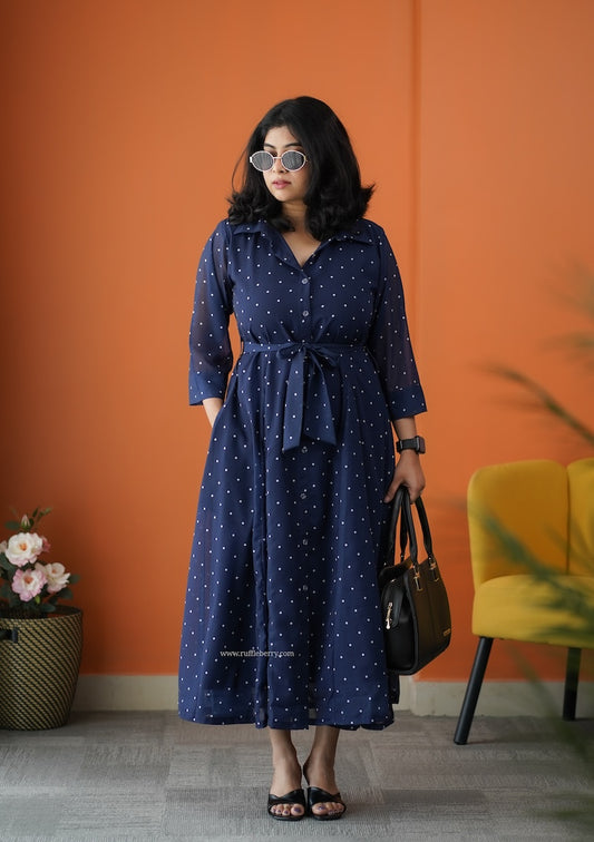 JunaLuv Dark Blue Georgette Flared Shirt Dress