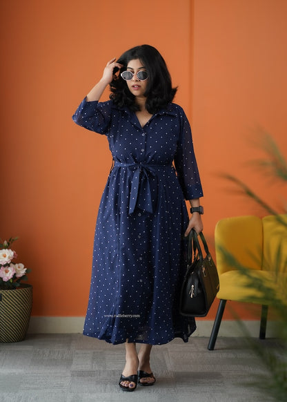 JunaLuv Dark Blue Georgette Flared Shirt Dress