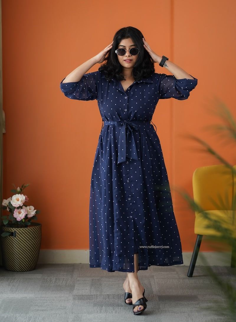 junaluv dark blue georgette flared shirt dress