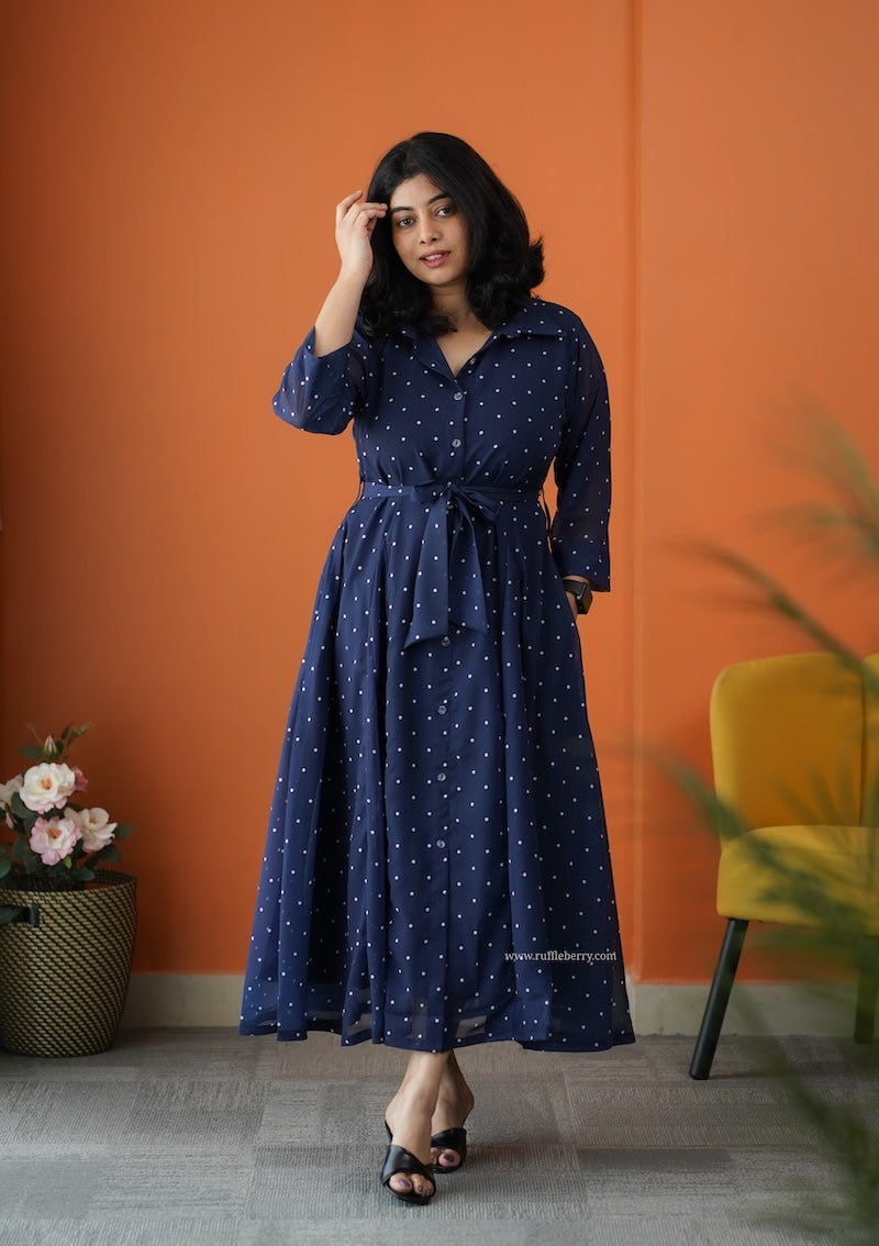 junaluv dark blue georgette flared shirt dress