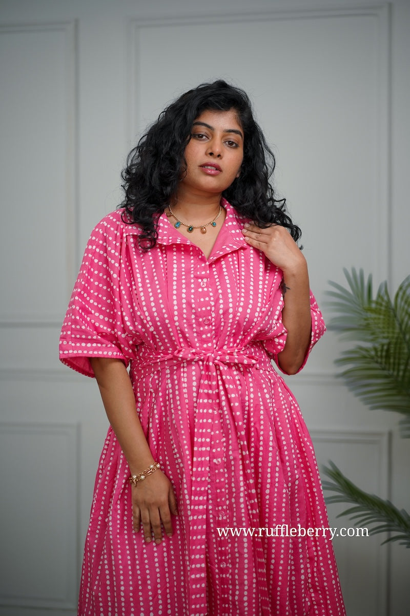 j-pop pink pleated cotton shirt dress