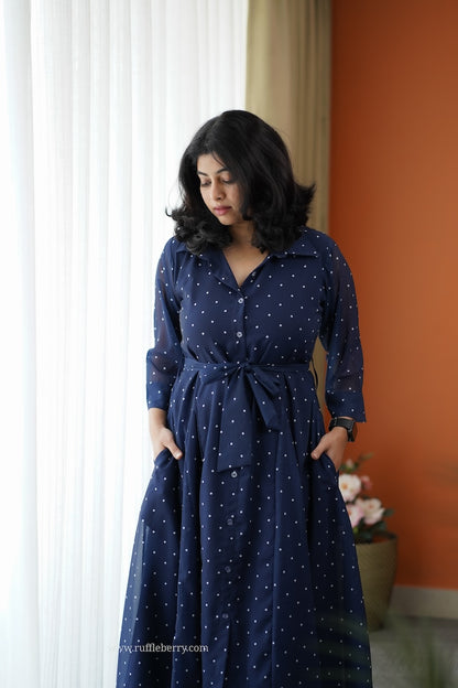 JunaLuv Dark Blue Georgette Flared Shirt Dress