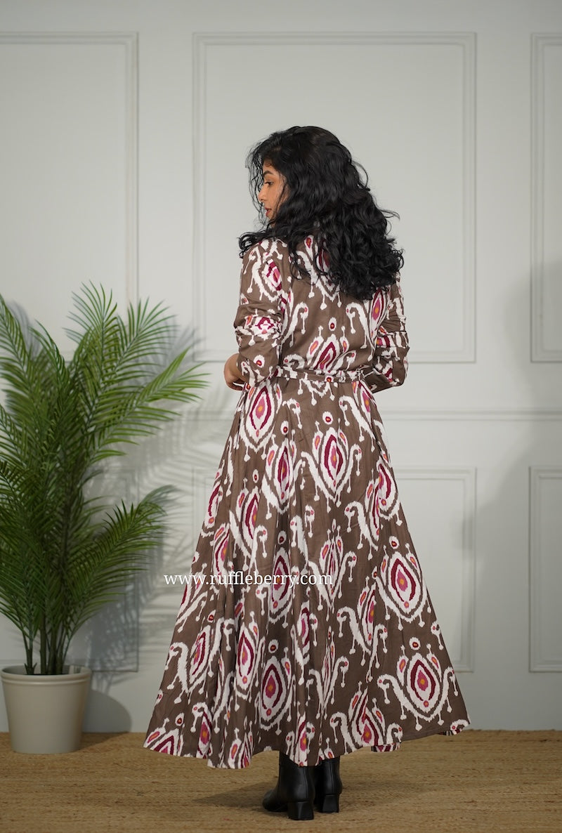 j-pop brown cotton flared shirt dress