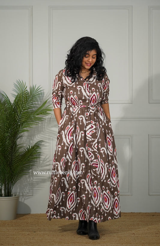 J-POP Brown Cotton Flared Shirt Dress