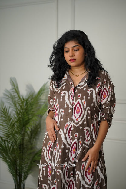 J-POP Brown Cotton Flared Shirt Dress