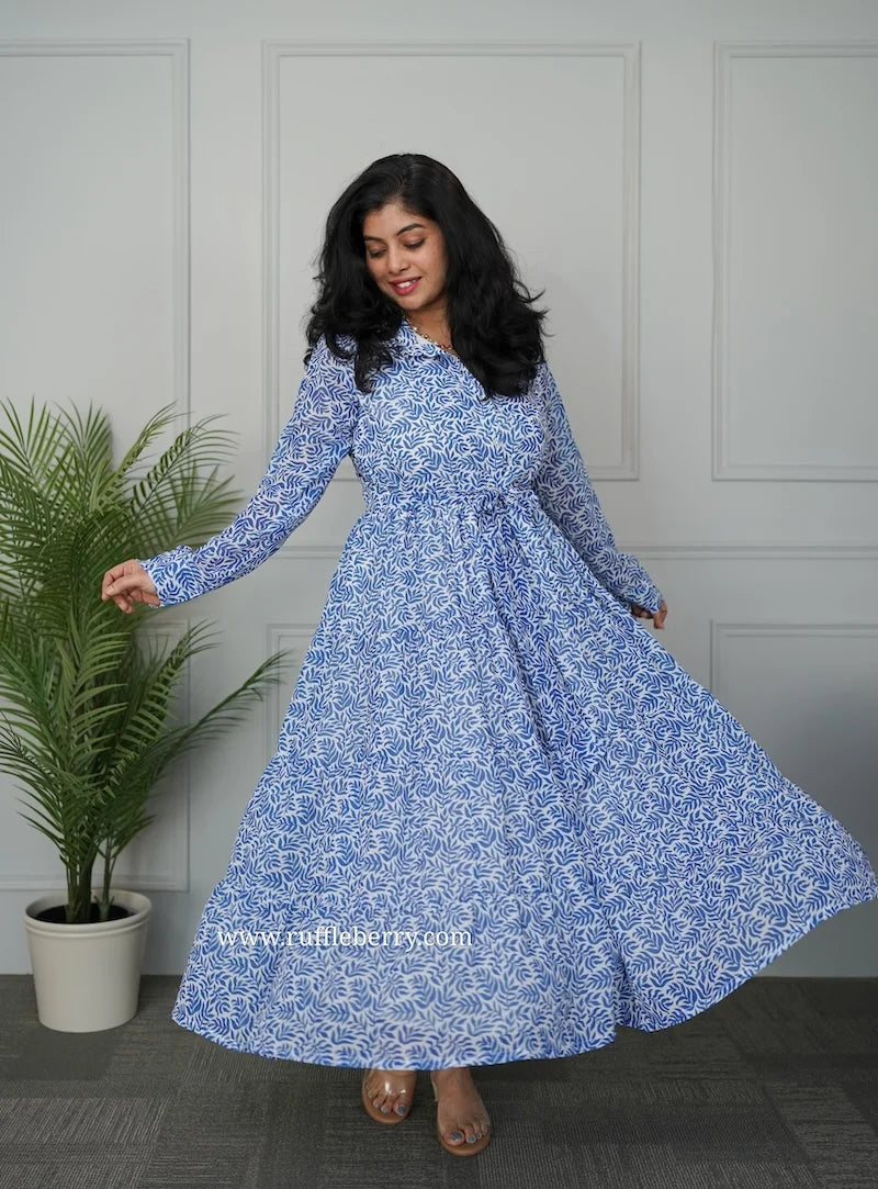 sasha white blue georgette shirt tier dress