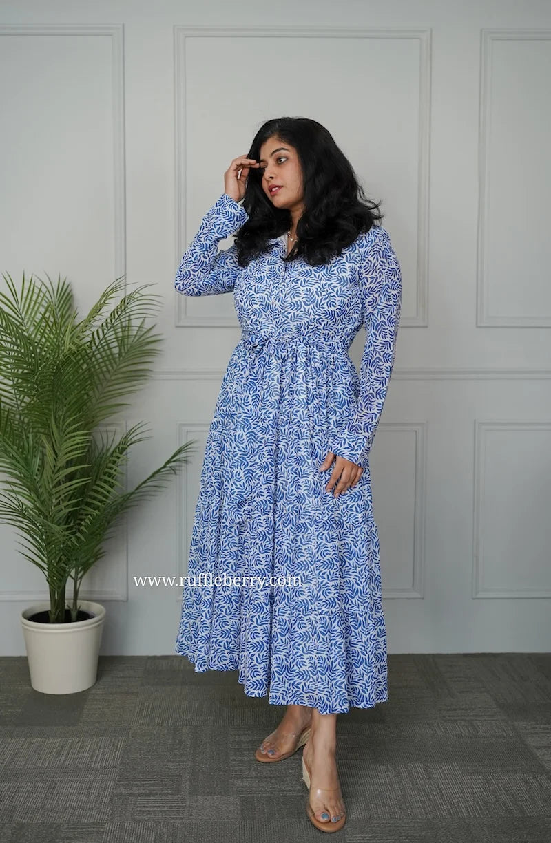 sasha white blue georgette shirt tier dress