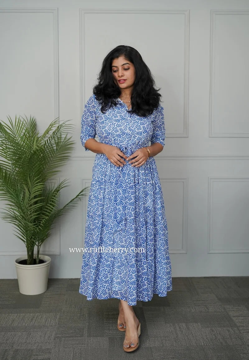sasha white blue georgette shirt tier dress