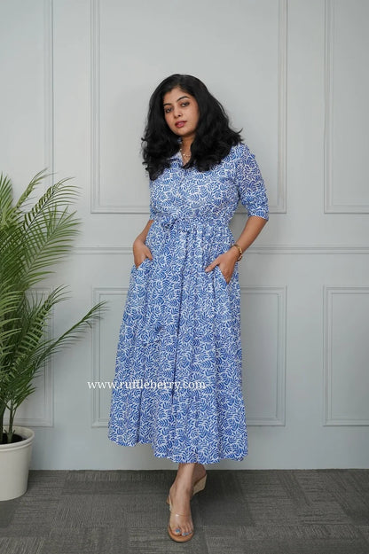 Sasha White Blue Georgette Shirt Tier Dress