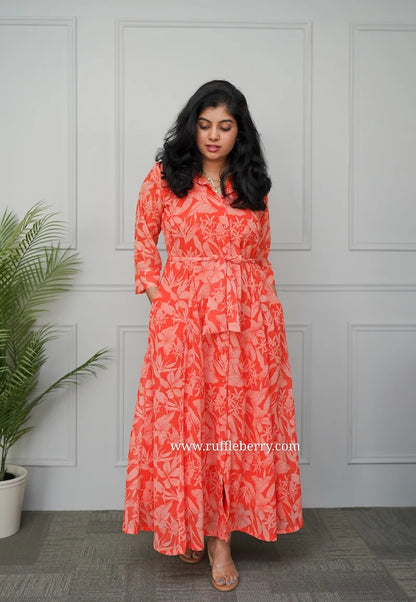 Lolita Orange Georgette Flared Shirt Dress