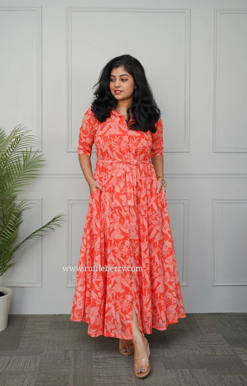 lolita orange georgette flared shirt dress