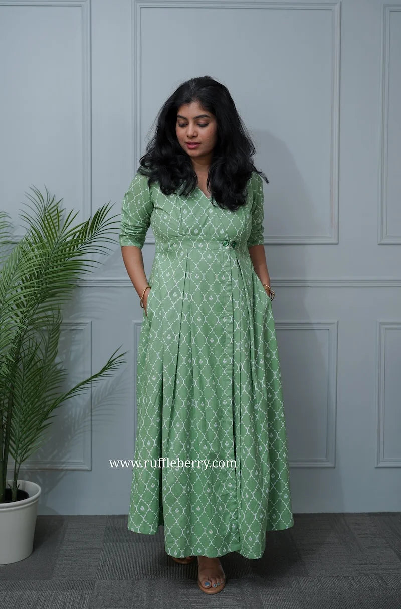 paisley green cotton button wrap dress