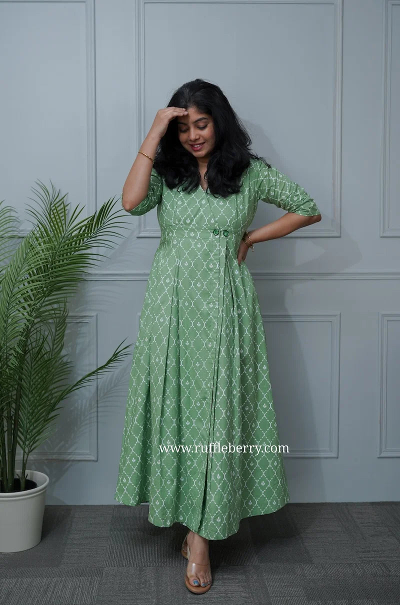 paisley green cotton button wrap dress