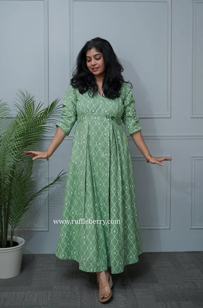 Paisley Green Cotton Button Wrap Dress