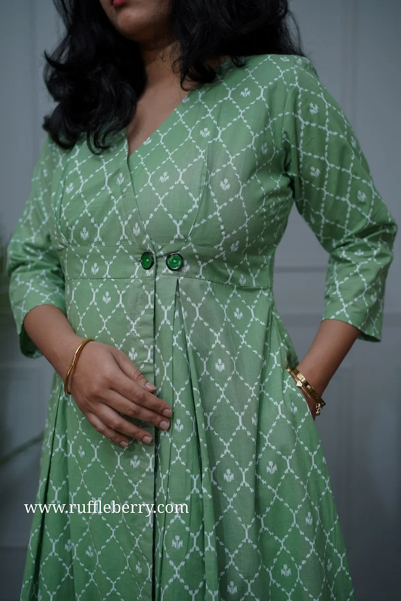 paisley green cotton button wrap dress
