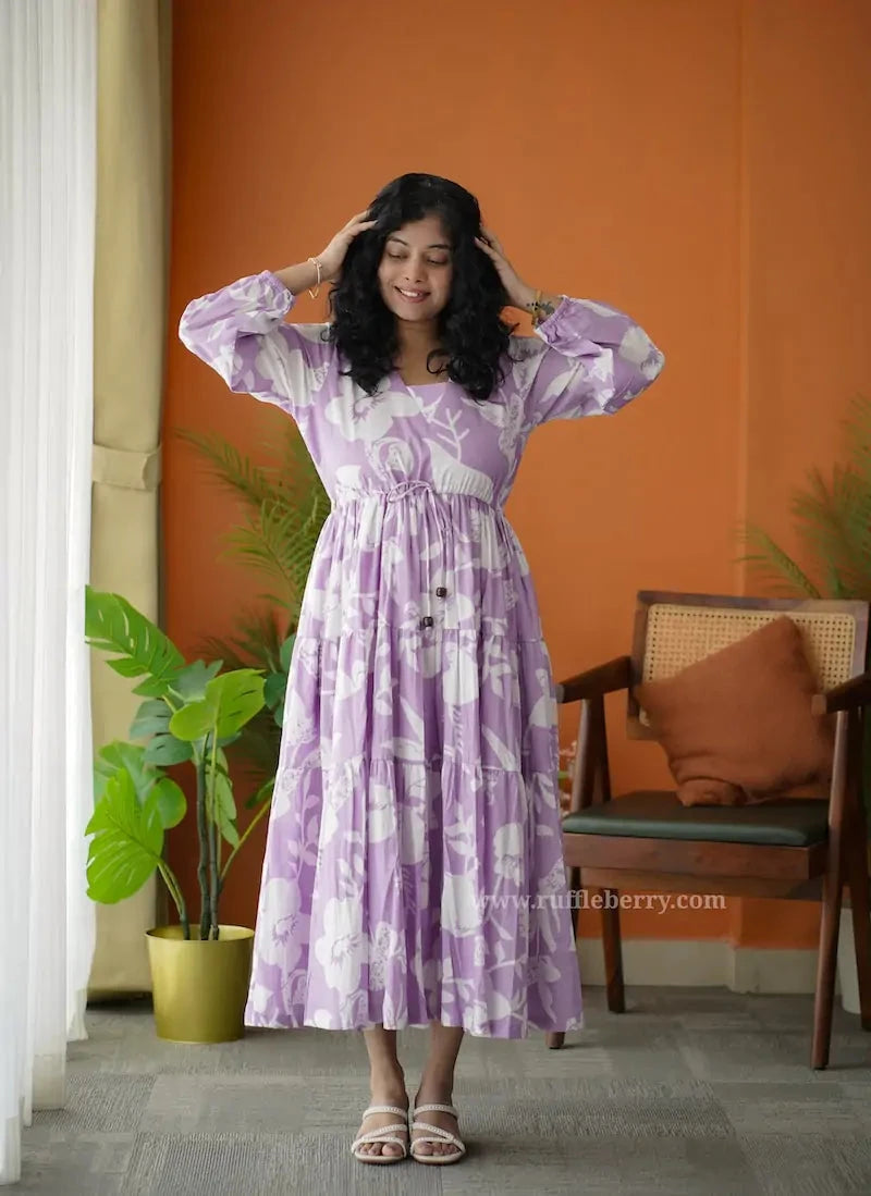 augusta violet floral cotton tier dress