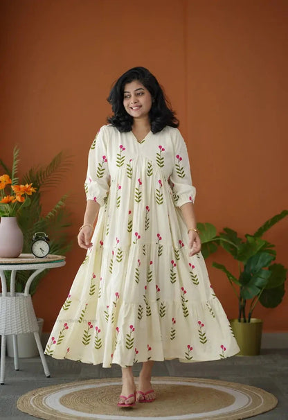 BarB White Pink Floral Cotton Dress