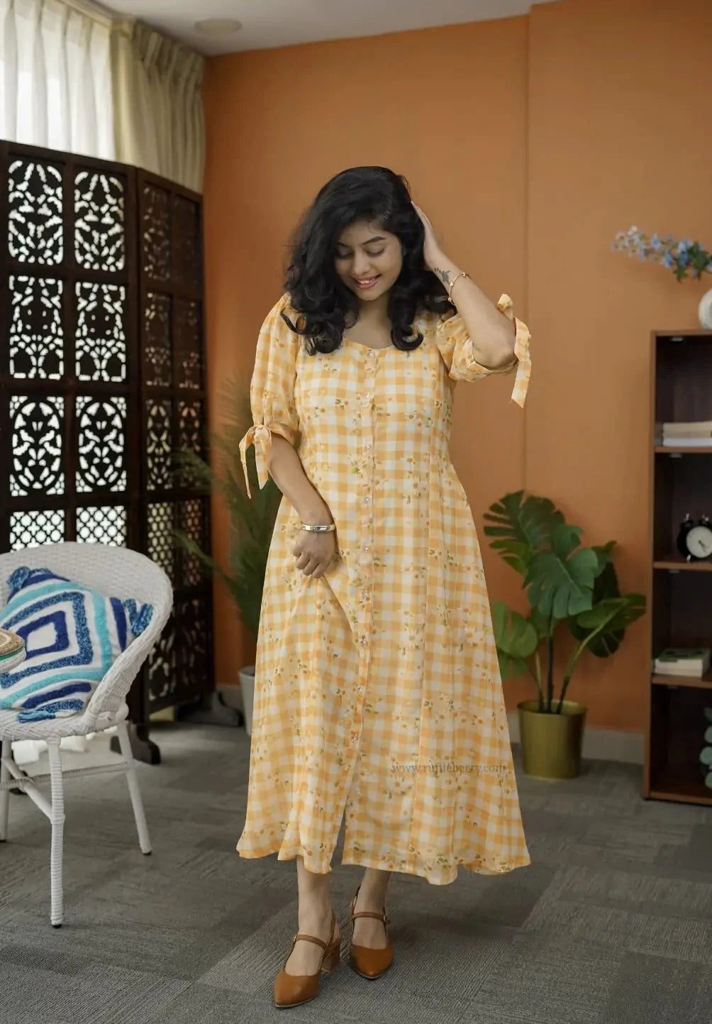 niva yellow checks georgette dress