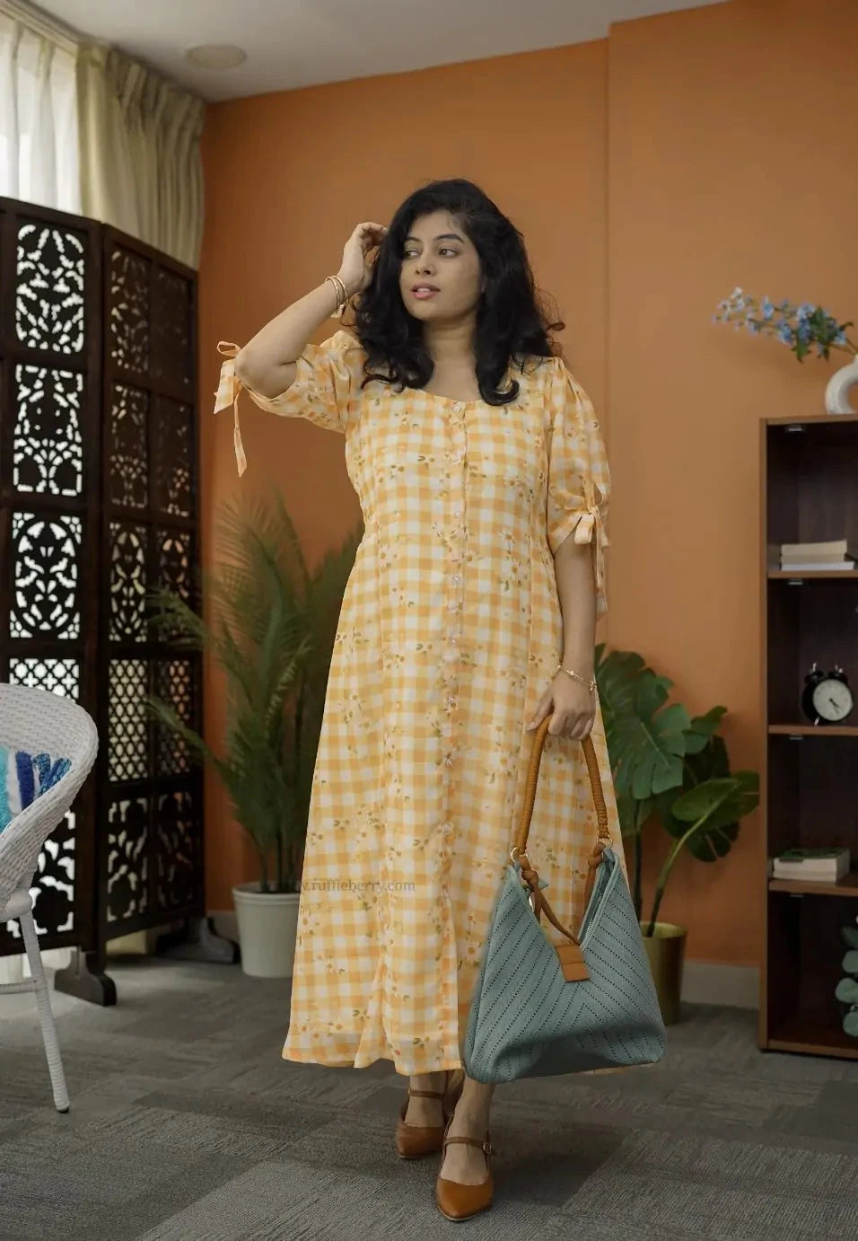 niva yellow checks georgette dress