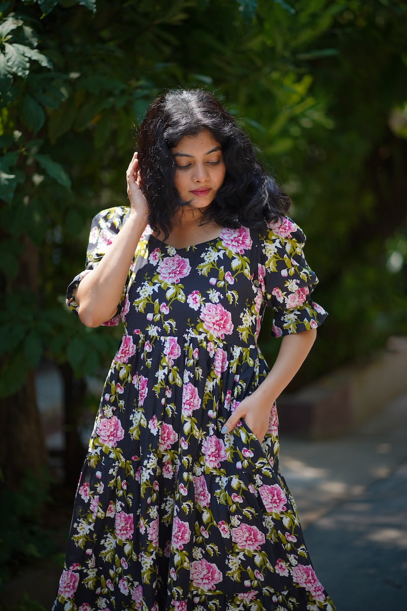 viya blackrose cotton tier dress