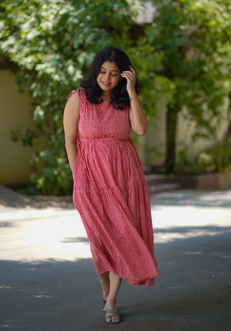 chelsea coral red cotton tier dress