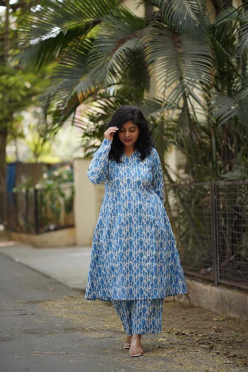 diya blue full sleeved aline cotton co-ord