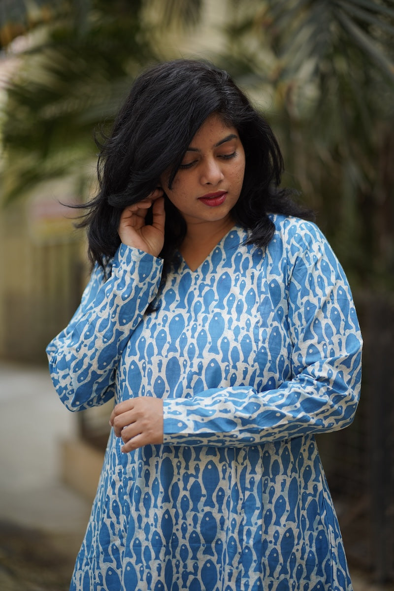 diya blue full sleeved aline cotton co-ord