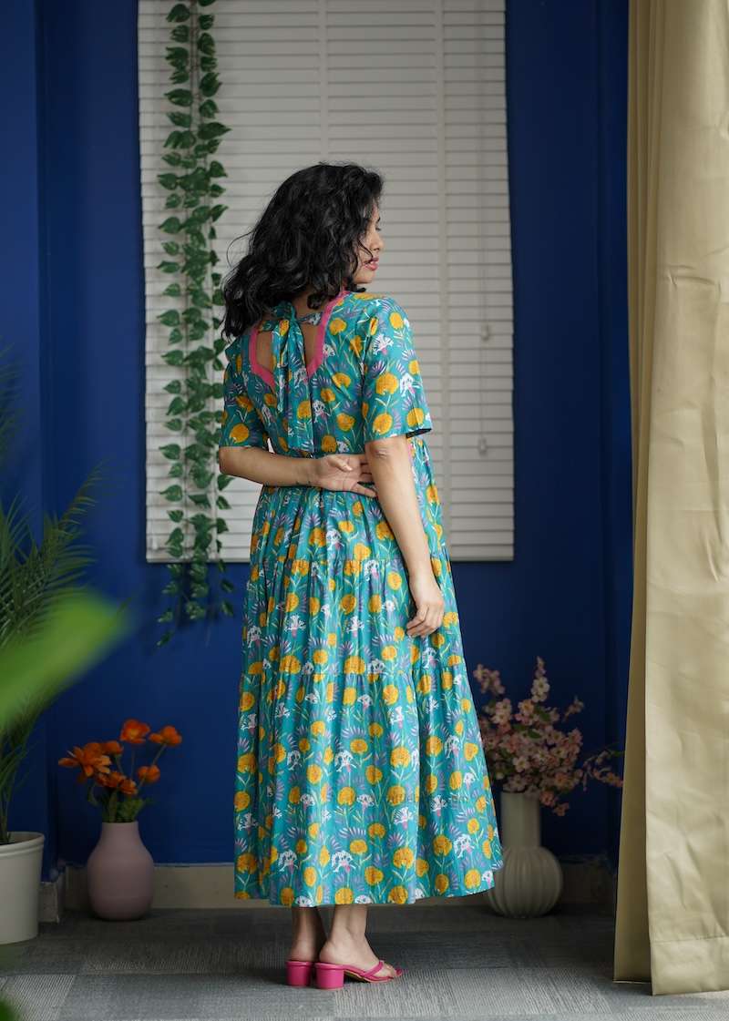 Augusta Turqoise Blue Cotton Tier Dress